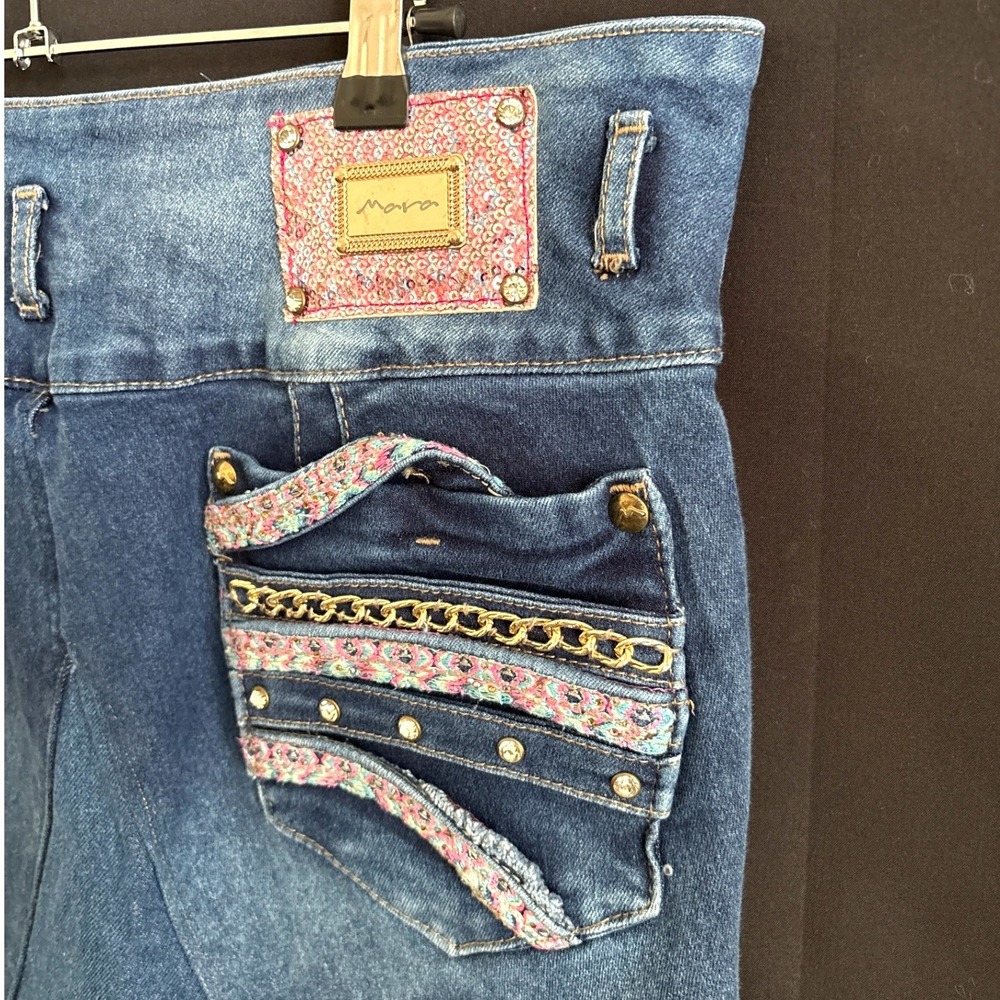 Mara Divine Blue Denim Embellished Midi Skirt Womens Plus Size 16 High Waist Y2K - Picture 6 of 11